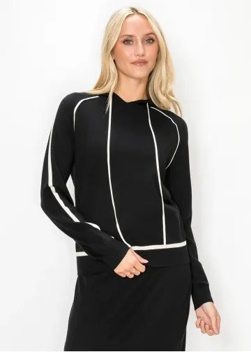 Hooded Knit Sweater in Black with Cream Trim