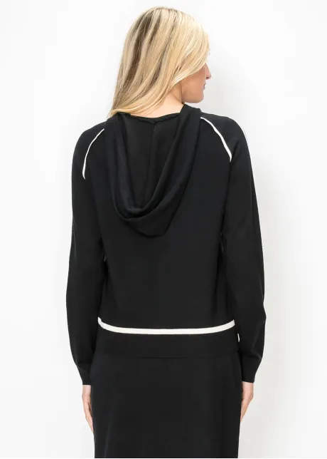 Hooded Knit Sweater in Black with Cream Trim