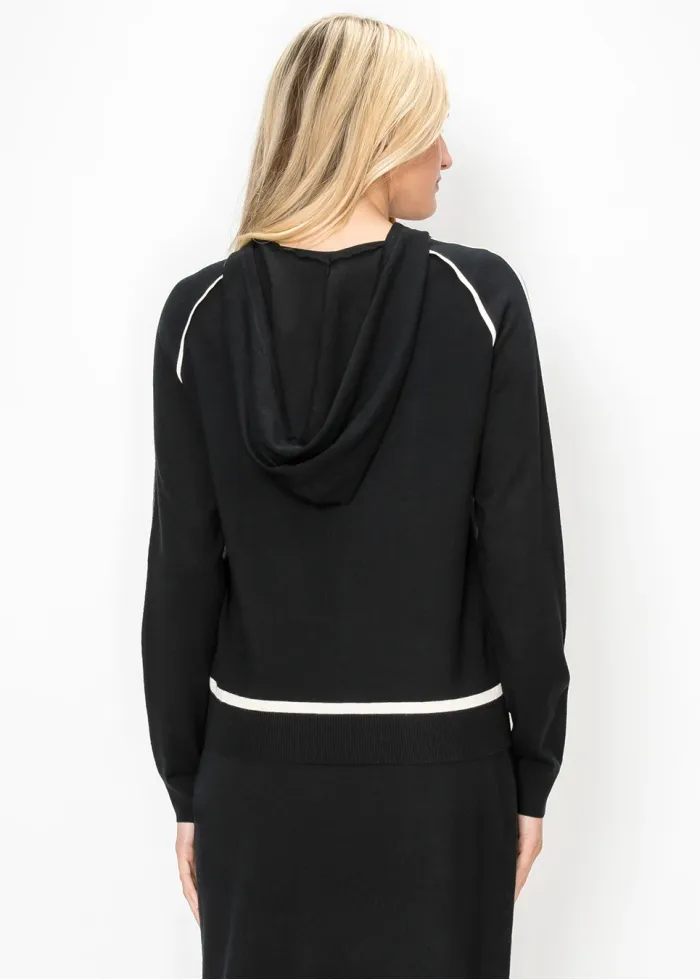 Hooded Knit Sweater in Black with Cream Trim