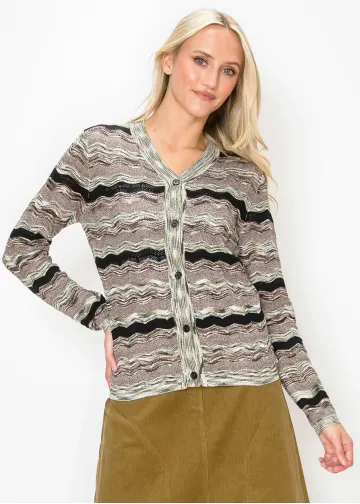 V Neck Wave Stripe Cardigan in Olive