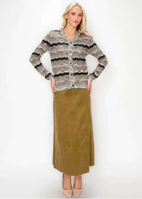 V Neck Wave Stripe Cardigan in Olive