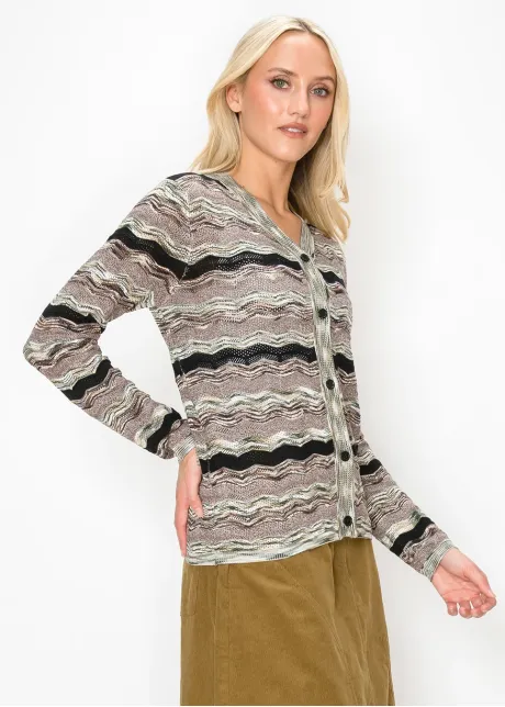 V Neck Wave Stripe Cardigan in Olive