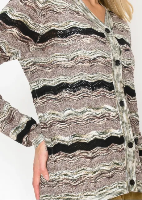 V Neck Wave Stripe Cardigan in Olive
