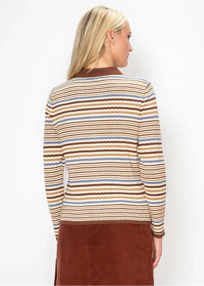 Multi Stripe Zip Cardigan with Collar