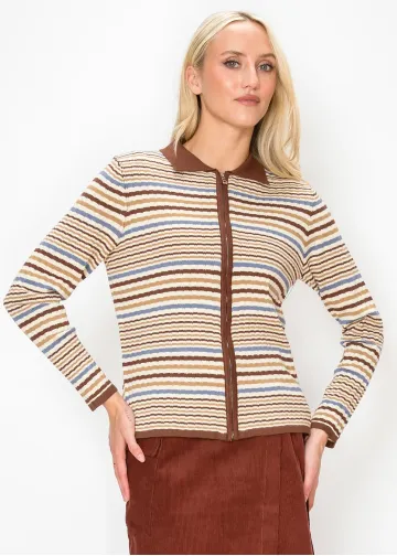 Multi Stripe Zip Cardigan with Collar