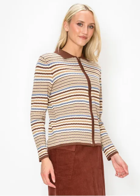 Multi Stripe Zip Cardigan with Collar