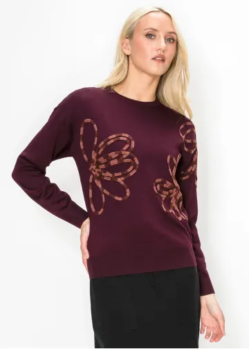 Applique Floral Sweater in Deep Burgundy