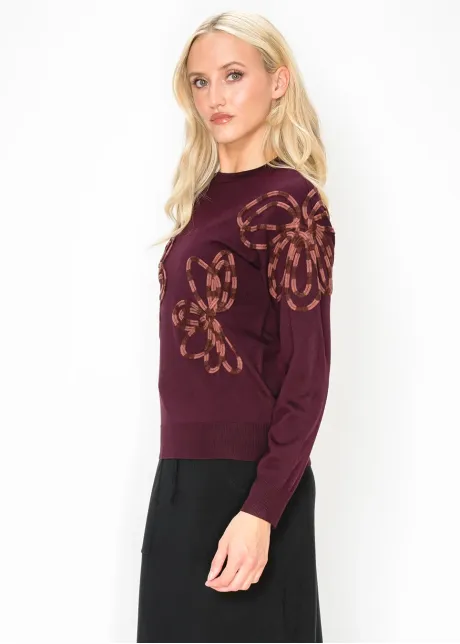 Applique Floral Sweater in Deep Burgundy