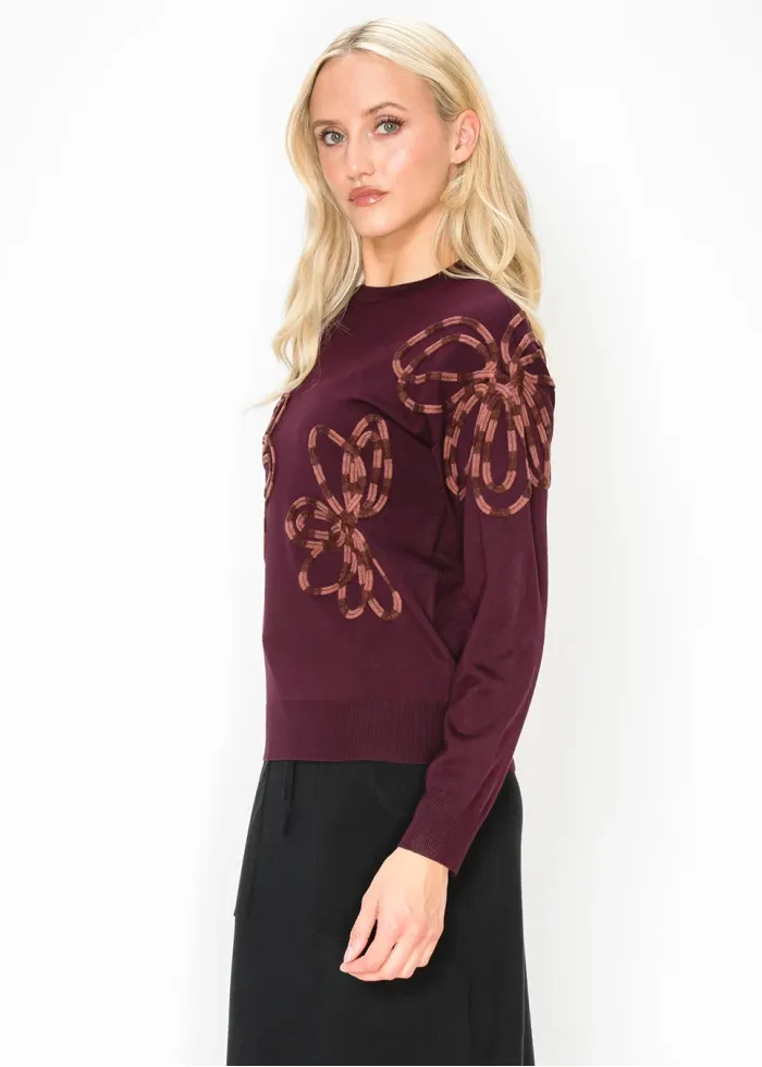 Applique Floral Sweater in Deep Burgundy