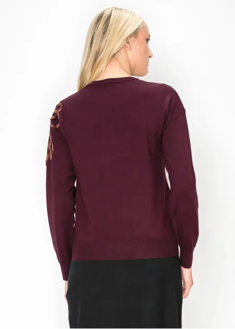 Applique Floral Sweater in Deep Burgundy
