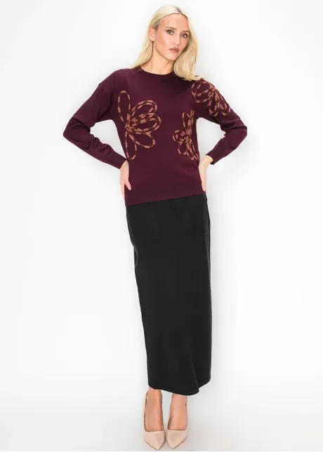 Applique Floral Sweater in Deep Burgundy
