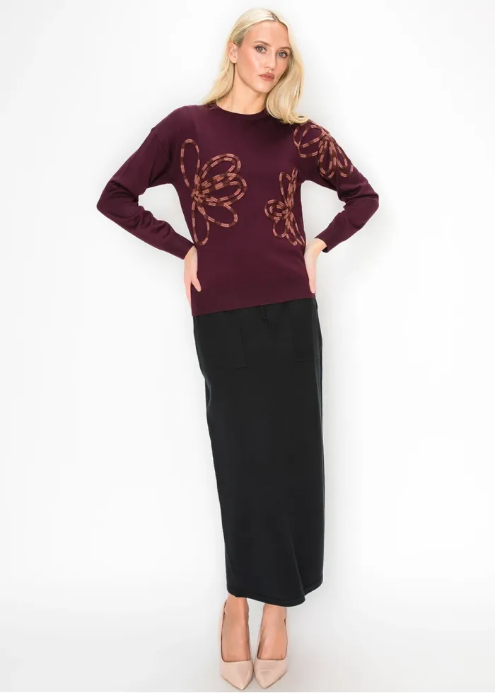Applique Floral Sweater in Deep Burgundy