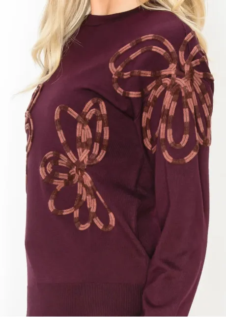 Applique Floral Sweater in Deep Burgundy