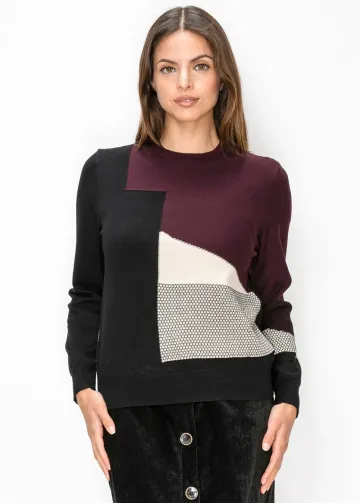 Burgundy Colorblock Sweater with Contrast Panel