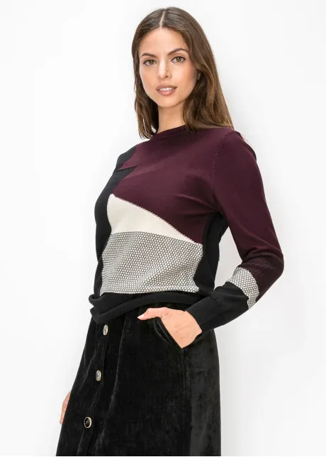 Burgundy Colorblock Sweater with Contrast Panel