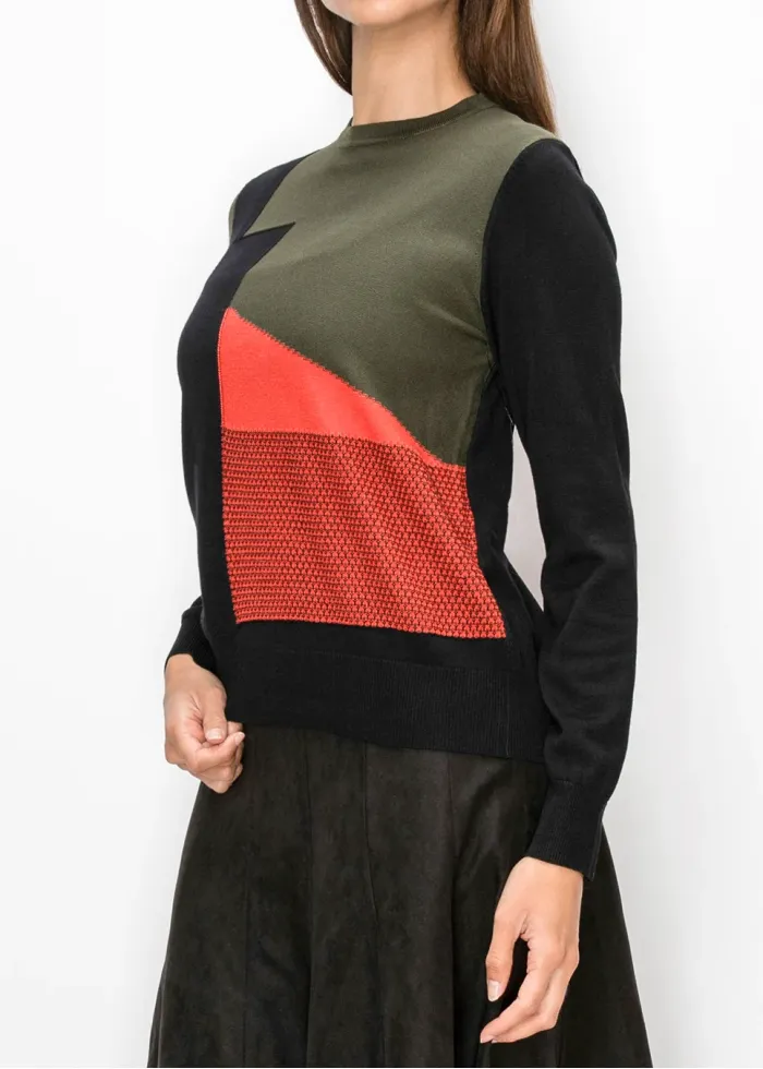 Geometric Panel Sweater in Olive