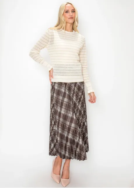 Cream Mesh Knit Sweater with Ruffle Cuffs