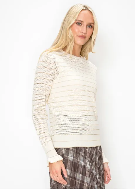 Cream Mesh Knit Sweater with Ruffle Cuffs