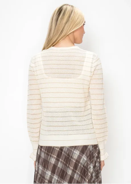 Cream Mesh Knit Sweater with Ruffle Cuffs