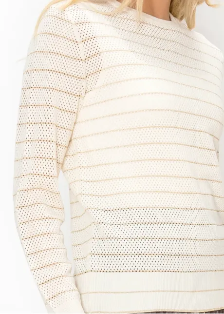 Cream Mesh Knit Sweater with Ruffle Cuffs
