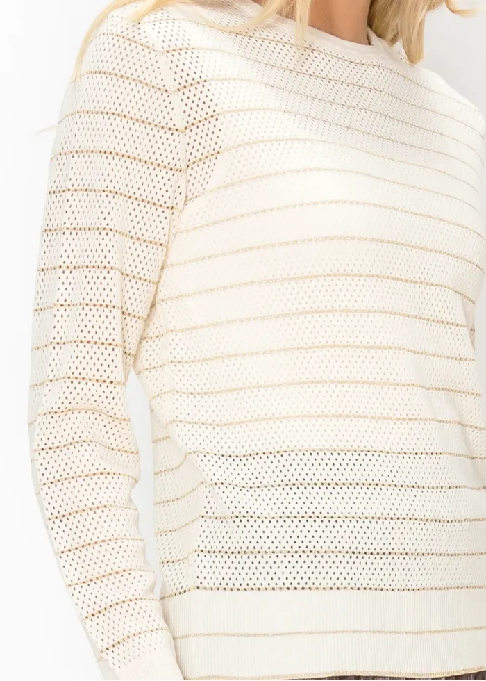 Cream Mesh Knit Sweater with Ruffle Cuffs