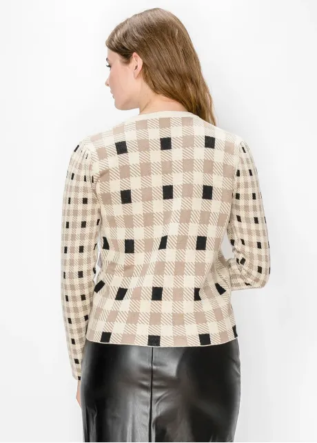 Beige and Black Check Knit Pullover