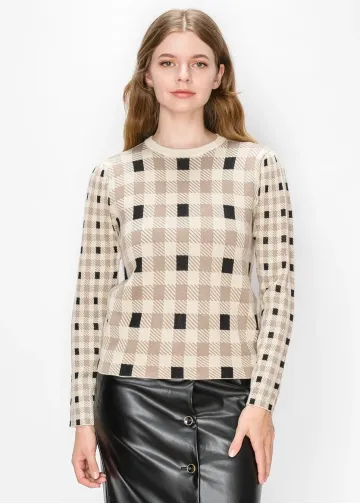 Beige and Black Check Knit Pullover