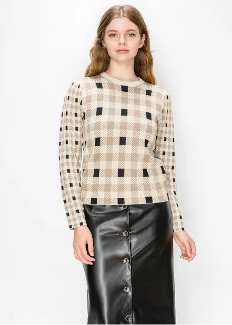 Beige and Black Check Knit Pullover