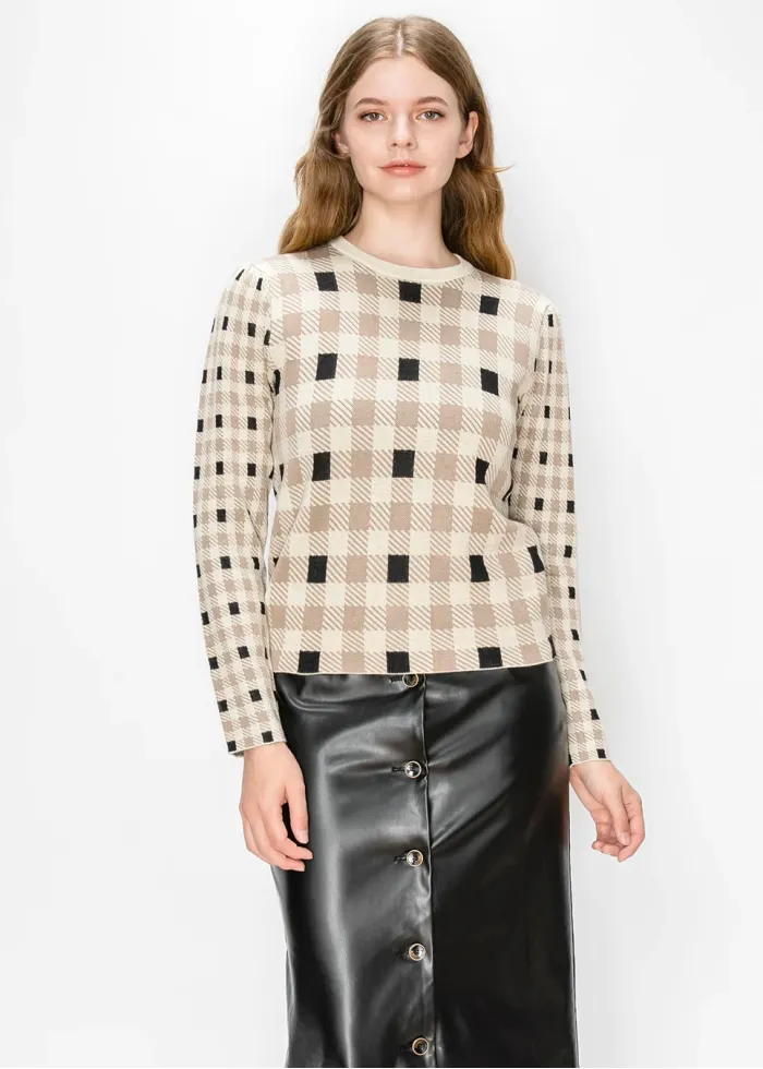 Beige and Black Check Knit Pullover