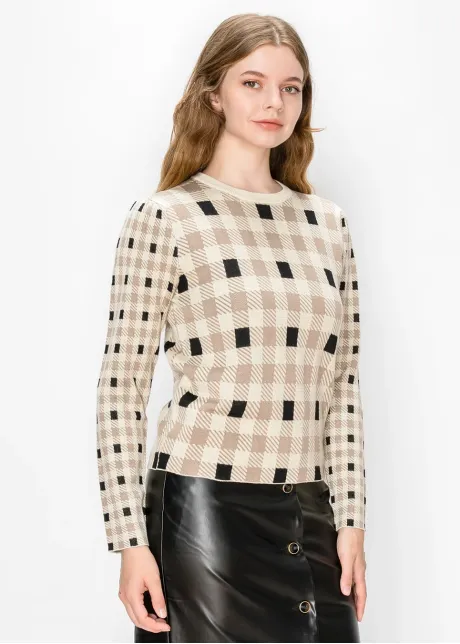 Beige and Black Check Knit Pullover