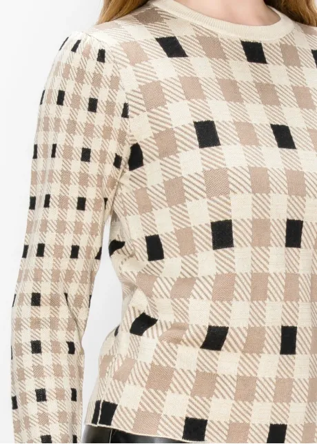 Beige and Black Check Knit Pullover