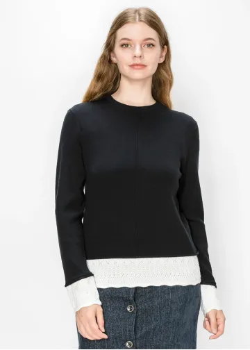 Black Sweater with White Pointelle Trim