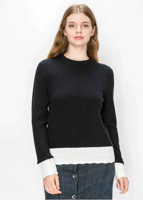 Black Sweater with White Pointelle Trim