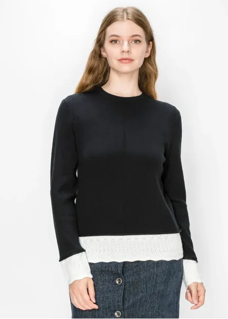 Black Sweater with White Pointelle Trim