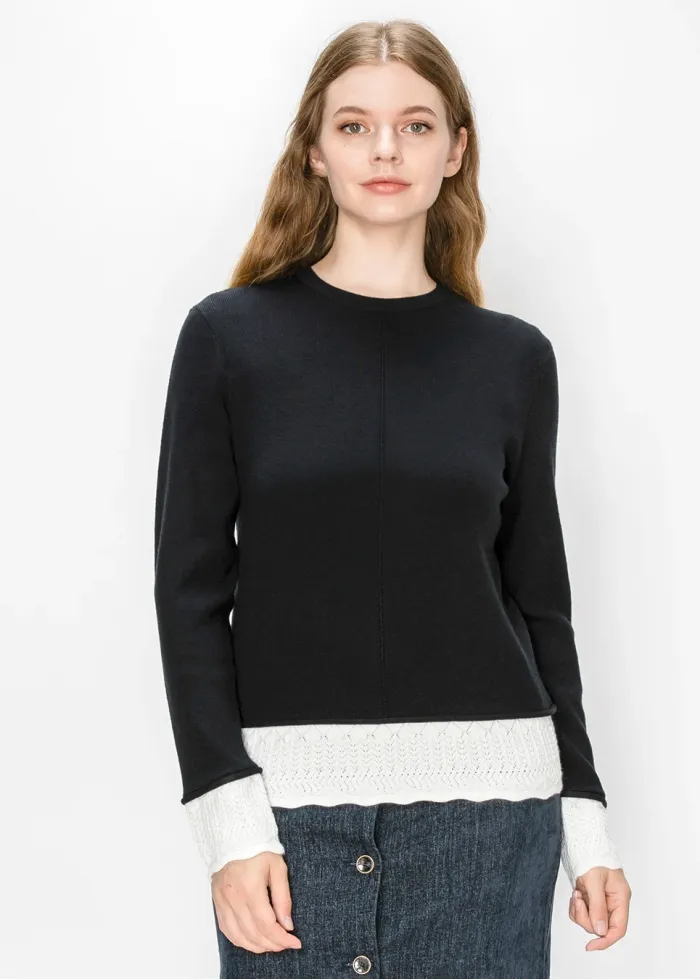 Black Sweater with White Pointelle Trim