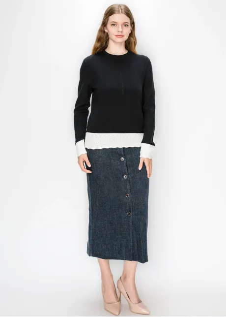 Black Sweater with White Pointelle Trim