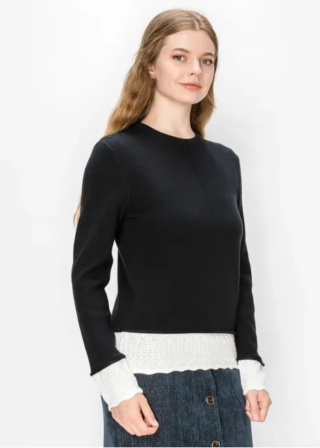 Black Sweater with White Pointelle Trim