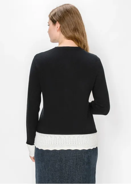 Black Sweater with White Pointelle Trim