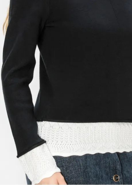 Black Sweater with White Pointelle Trim