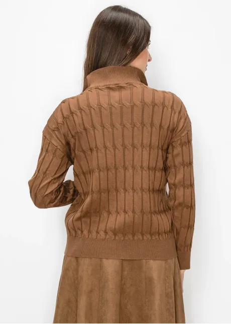 Brown Quarter Zip Sweater, Textured Knit