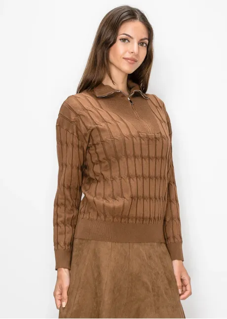 Brown Quarter Zip Sweater, Textured Knit