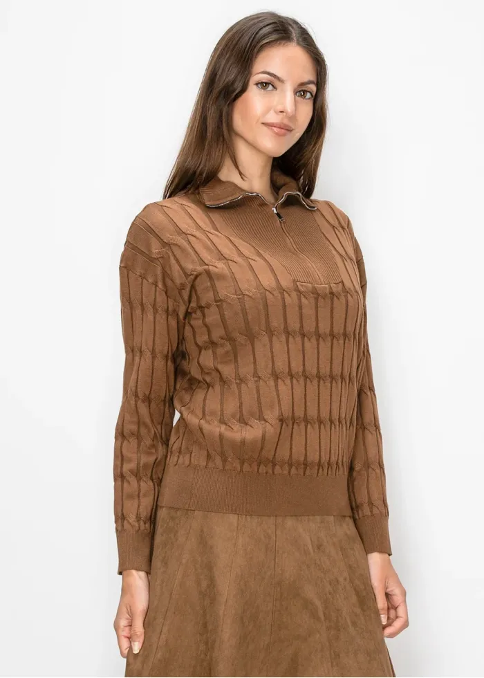 Brown Quarter Zip Sweater, Textured Knit