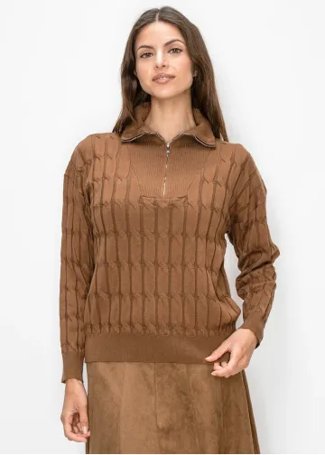 Brown Quarter Zip Sweater, Textured Knit
