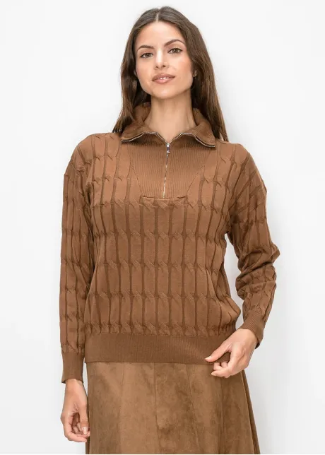 Brown Quarter Zip Sweater, Textured Knit