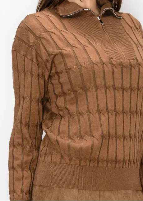 Brown Quarter Zip Sweater, Textured Knit