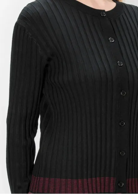 Black Crew Neck Cardigan with Wine Hem