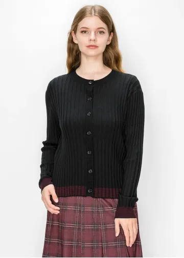Black Crew Neck Cardigan with Wine Hem
