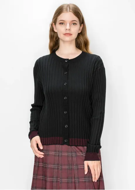 Black Crew Neck Cardigan with Wine Hem
