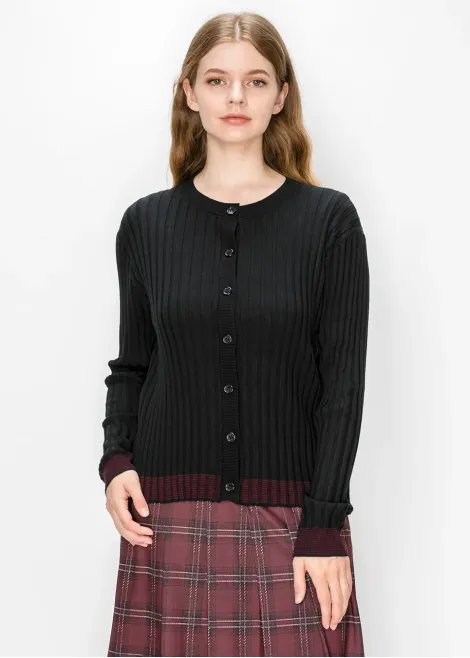 Black Crew Neck Cardigan with Wine Hem
