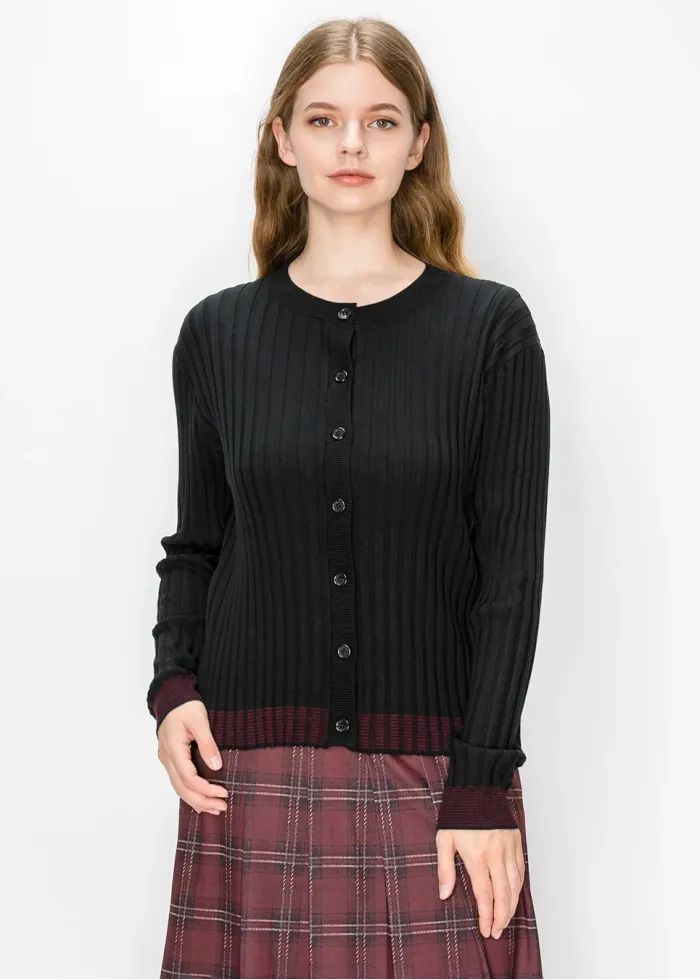 Black Crew Neck Cardigan with Wine Hem